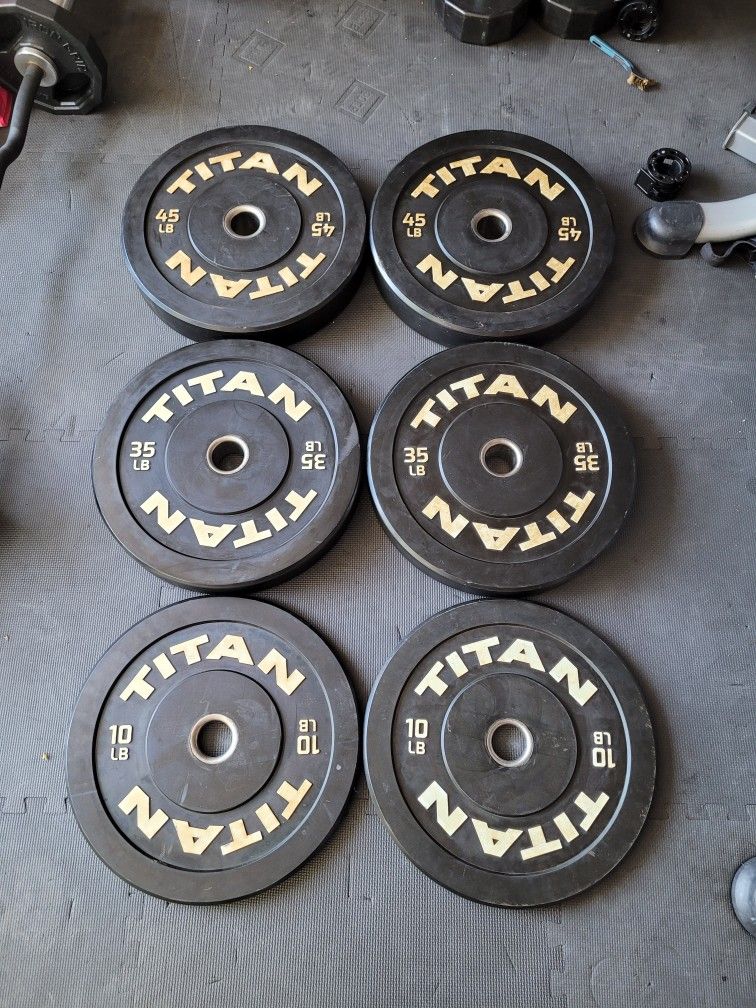 TITAN Olympic Bumper Plates (2x45Lbs 2x35Lbs,2x10Lbs) for $240 Firm (Walnut 91789)