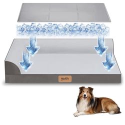 Cooling Dog Bed for Large Dogs, Orthopedic Dog Bed with Cooling Gel Mat, Removable Washable Cover, Waterproof Lining, Non-Slip Bottom, Summer Pet Bed 