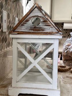 Rustic white wood decorative glass lantern