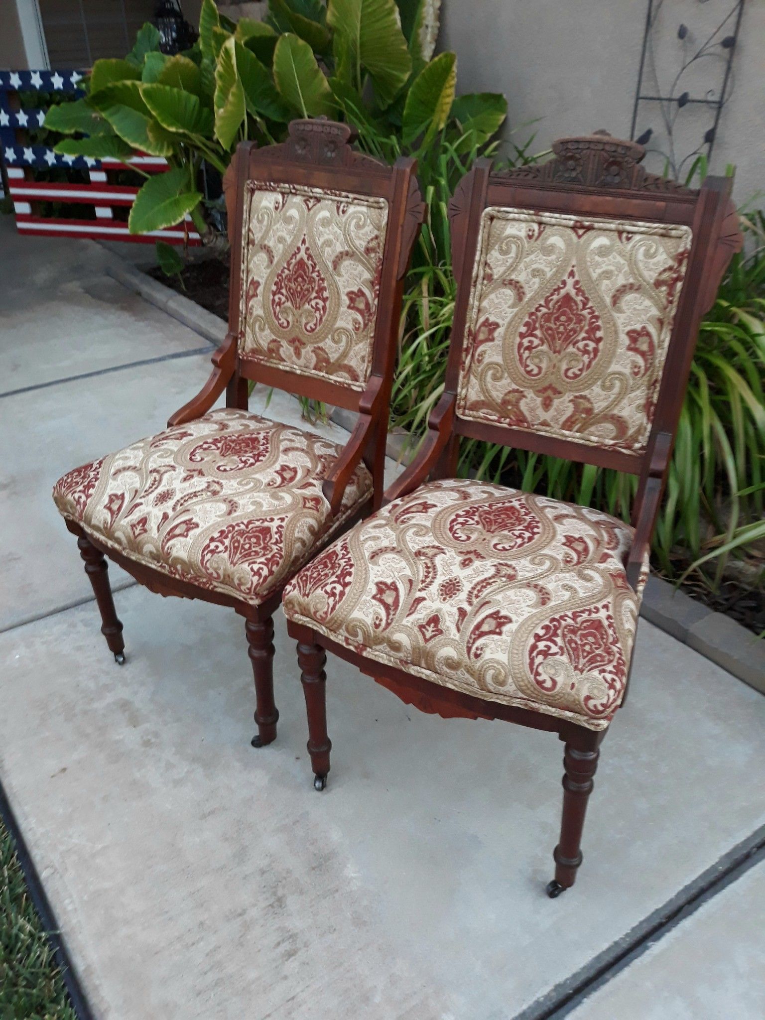 BEAUTIFUL PAIR OF ANTIQUE CARVED WOOD SLIPPER CHAIRS (CIRCA EARLY 1900'S)