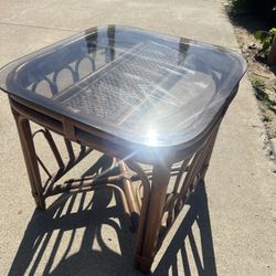 Vintage Rattan Side Table with Glass Top