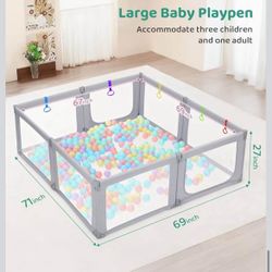 Foldable Baby Playpen, 71"×69" Extra Large Play Pen for Babies and Toddlers 1-3, Portable Play Yard with 5 Handles, Indoor Outdoor Safety Baby Gate Fe