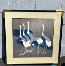 Large Vintage Mid Century Sakai Hoitsu “Cranes” Framed Art Print in Heavy Solid Wood Frame