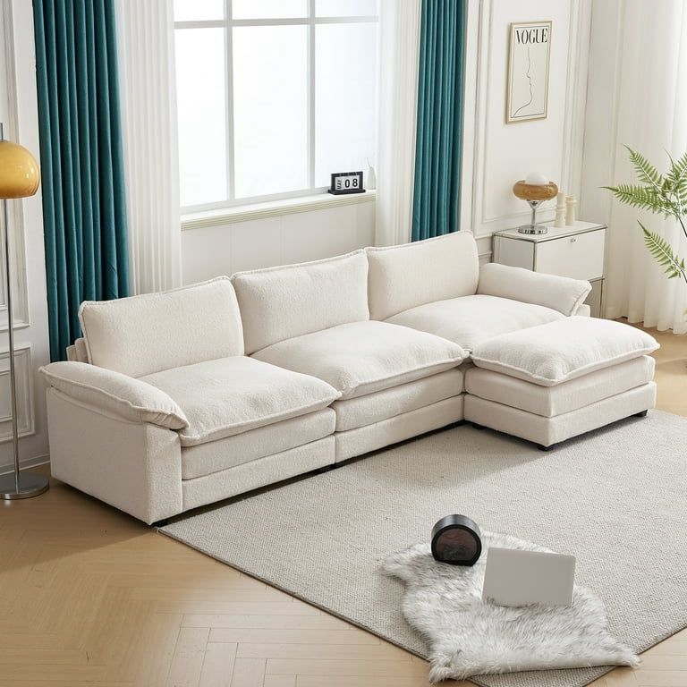NEW - Ktaxon 120" W Sectional Sofa Modern Convertible Couch with Double Cushions L Shaped Sofa with Reversible Chaise, Teddy Velvet Sofa Set with 3 Wi