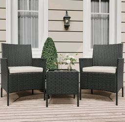 Outdoor Patio Bistro 3 Piece Set- PE Rattan Wicker Conversation Furniture 2 Chairs and Coffee Table, All Weather Space Saving Patio Set Black, NEW IN