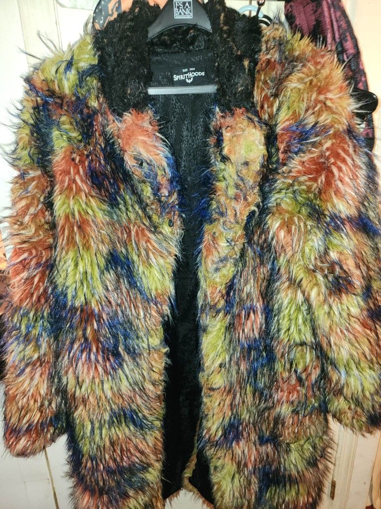 Spirit Hood, Faux Fur Parrot Calf Length Collared Coat 2XL