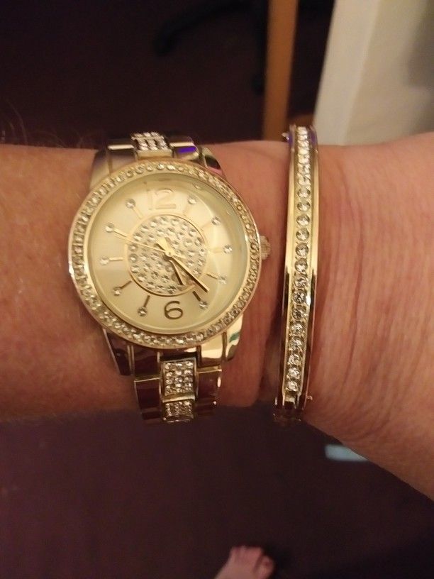 Gold Plated Watch And Bracelet Set