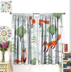 Rustic Fox Curtains Cute Forest Wildlife Orange Fox Green Trees Kids Boys Girls Bedroom Living Room Bathroom Rod Pocket Decoration Window Drapes 2 Pan