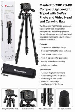 Manfrotto 7301YB-BB Compact Lightweight Tripod with 3-Way Head & Carrying Bag – NEW in Box