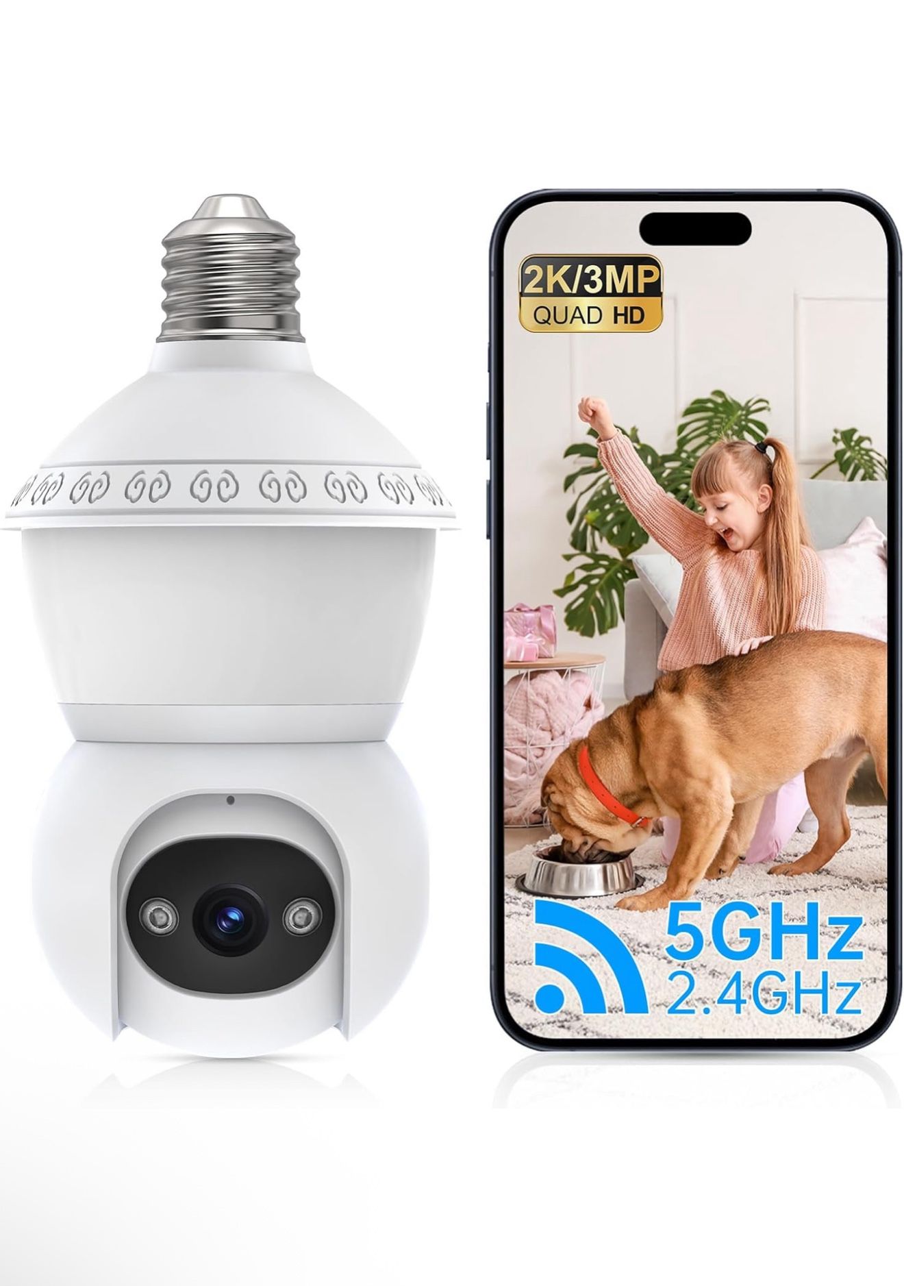 Light Bulb Security Camera, 2.4G/5GHz WiFi 2K Security Cameras Wireless Outdoor Indoor,Bulb Cameras for Home Security,AI Human Detection,Siren Alarm,2