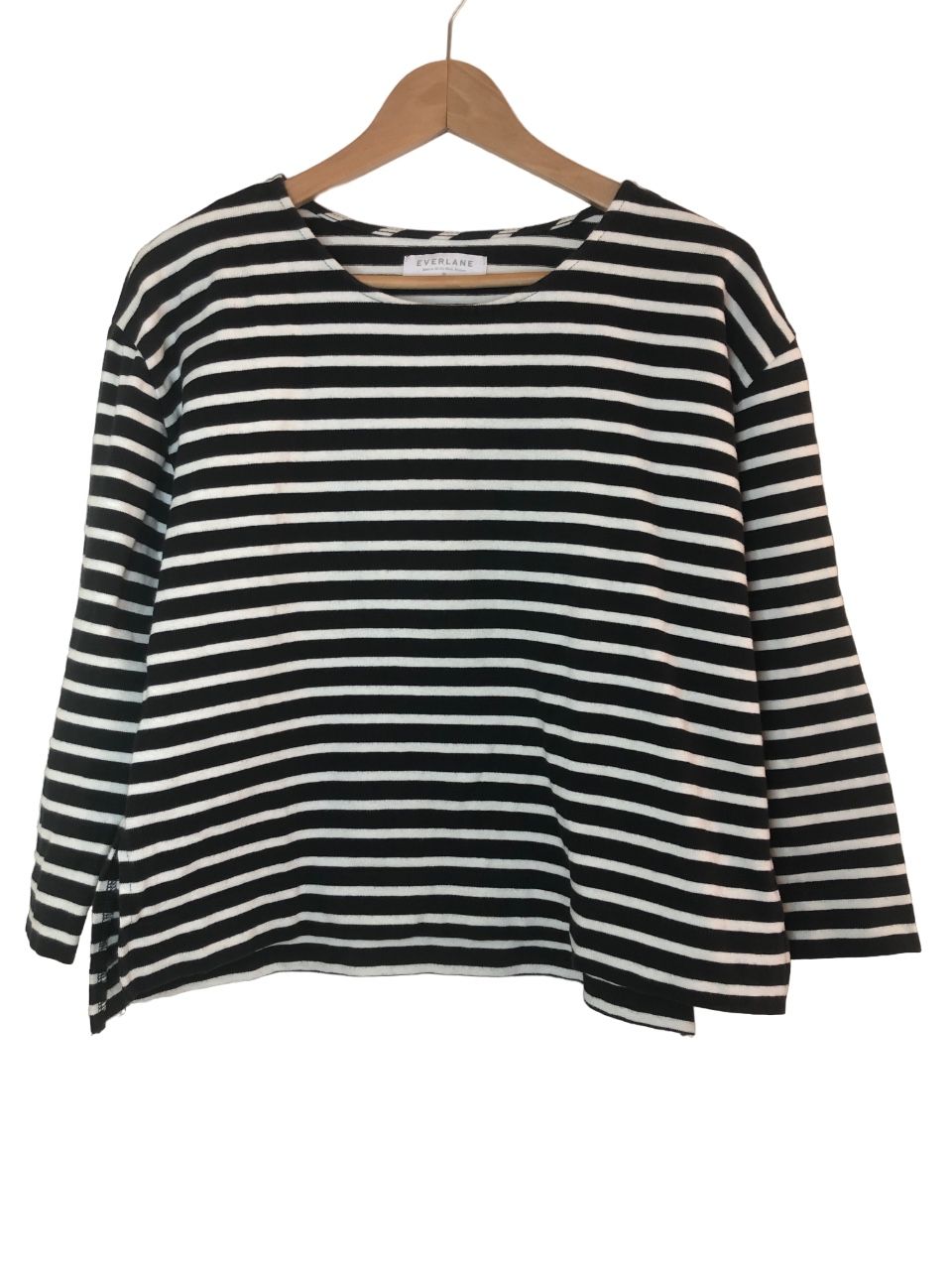 EVERLANE Breton Womens Medium Striped Blouse Black White Boxy 3/4 Sleeve Top