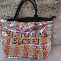 VICTORIA'S SECRET 2015 PINK SILVER SEQUIN STRIPED LOGO TOTE BAG