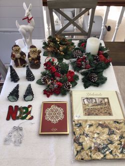 Vintage Christmas Decorations Porcelain Signed Deer, Hand Spun Glass Angels, Yuletide Tablecloth