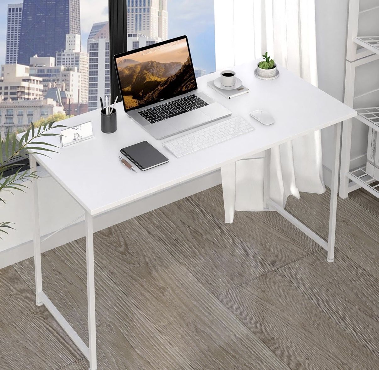 NEW! Home Office Computer Small White Desk, Wooden Simple Design PC Desk with Headphone Hook, 47"