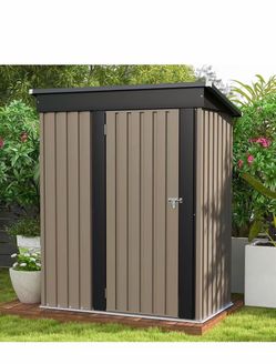 F) 5 x 3 ft Outdoor Storage Shed, Tool Shed with Sloping Roof and Lockable Door, Metal Shed for Garden, Patio, Backyard Lawn color black/brown $70