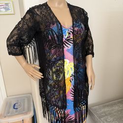 Lace  Black Cardigan Beach Robe Cover Up Dress Medium 
