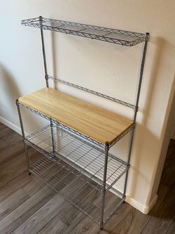 Metal Wired shelf bar w/ wooden top 35” L X 13” W X 55” H