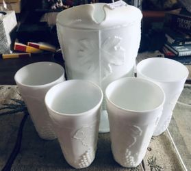 Milk Glass Indiana Harvest Pitcher / Glasses By Colony.