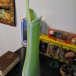 vintage Westmoreland green and white slag glass swung vase. 