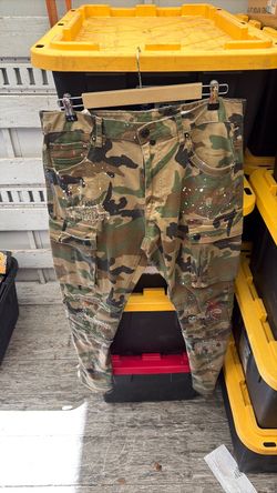 Camo Cargo Pants with Paint Splatter and Distressing