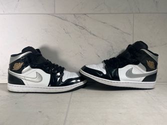 Nike Air Jordan 1 Mid SE HV0789-010 Patent Black White Metallic Silver Metallic Gold Size 10(A1G012278)