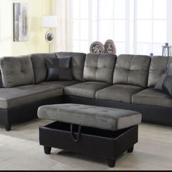Gray Sectional Sofa Grey  Microfiber Couch With Storage Ottoman And Pillows New In Packaging 