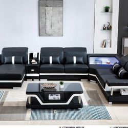 NEW🔥SECTIONAL🔥Top Genuine Leather,Remote Control Led Light,High Density Foam,Solid Wood Structure