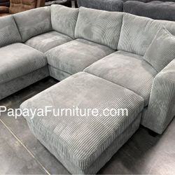 NEW Modern Corner Sectional Sofa and Ottoman Set Couch Light Grey Fabric Discount Mid Century Designer Style Staging Furniture SALE Black Beige Gray
