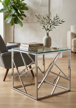 Geometric Chrome and Glass End Table