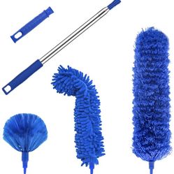 Microfiber Duster, Feather Duster Cleaning Kit with 100 Inch Telescoping Extension Pole, Reusable Bendable Dusters, Washable Lightweight Dusters for C