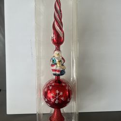 VTG:Blown Glass & Mica Hand painted Red Xmas Tree Topper 15”