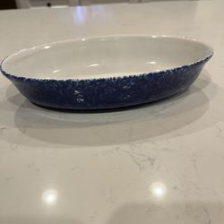 Vintage Oval Blue Spongeware Serving Bowl