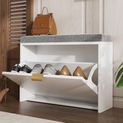 Shoe Storage Bench with Seat Cushion, Narrow Shoe Cabinet with Flip Drawer & Adjustable Shelf, Compact Entryway Storage Bench for Small Space(60x17x45