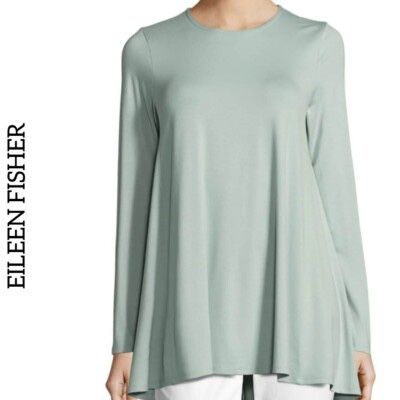 Eileen Fisher Jersey Tunic Top Long Sleeve Crew Neck Women's Light Green, Sz M