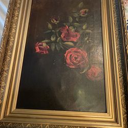 Antique Rose Oil Painting In Antique Gold Wood frame