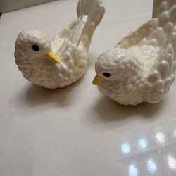 Pair of Vintage White Ceramic Bird Figurines - Textured Porcelain
