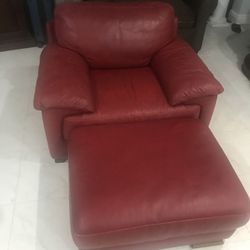 Red Genuine Leather Armchair W/ Matching Ottoman FREE Local Delivery 🚚 