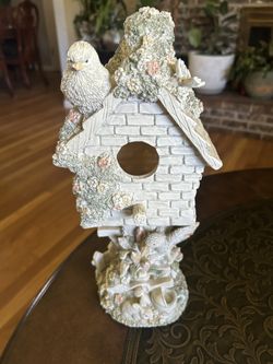 Decorative Birdhouse Figurine with Birds and Flowers. Read Description