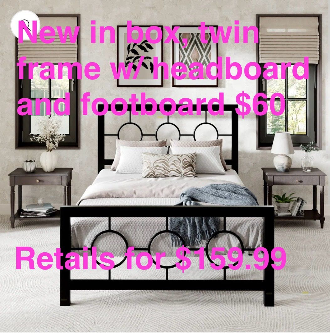 New In Box, Amolife Black Twin Size Metal Platform Bed Frame With Circular Vintage Headboard & Footboard