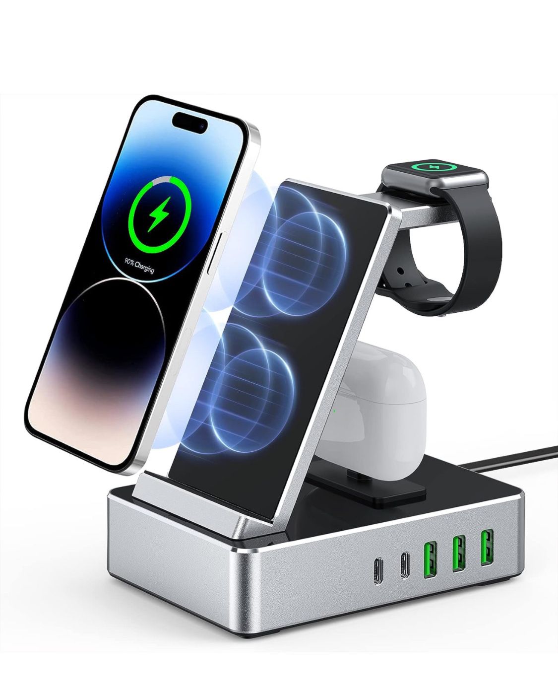 Charging Station for Multiple Devices Apple,Wireless Charger for iPhone 15/14/13/12 Series,Apple Watch Series,Airpods Pro,with 5 USB Ports Multi Charg