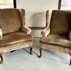 Pair Of Two Wingback Chairs In Beige Velvet 