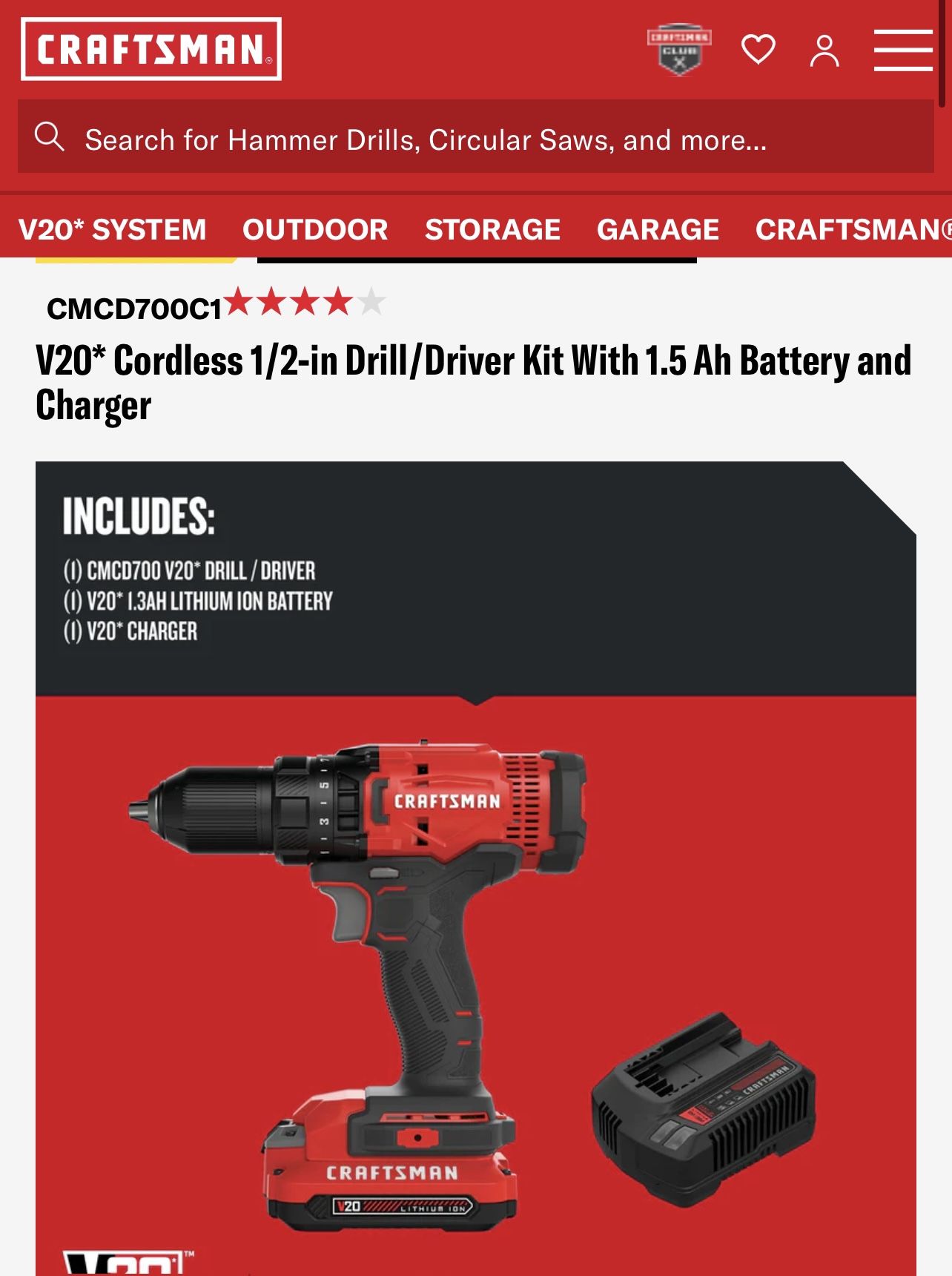 Craftsman V20 Cordless 1/2-in Drill/Driver Kit With 1.5 Ah Battery and Charger