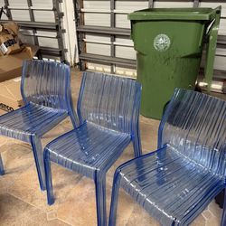 3 Clear Blue Chairs - Patio, Office, Stackable
