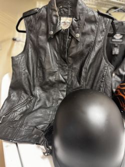 Woman’s Large Leather Harley Davidson Vest And Helmu