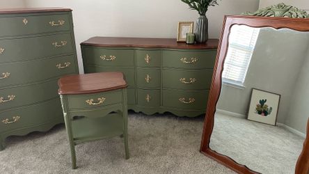 Refinished Solid Wood Sage Green 4-Piece Bedroom Set + Mirror