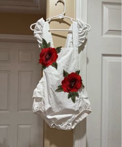 White Baby Romper with Rose Appliqués