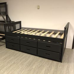 Charcoal Twin Pull Out Bed With Storage - Captains Bed