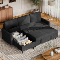 New Pull Out Couch, Convertible Sleeper Sofa Bed with Storage, L-Shaped Sofa Bed with Storage Chaise Linen Fabric for Living Room, Apartment, Small Sp