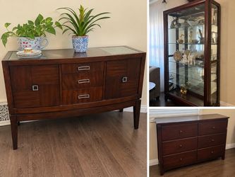All 3 Pieces: Dark Wood Sideboard + Glass Curio Cabinet + 6-Drawer Dresser