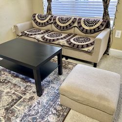 3 seater sectional sofa couch with ottoman (no leg), ikea table, folding metal chair with wooden stool and carpet. Great condition 